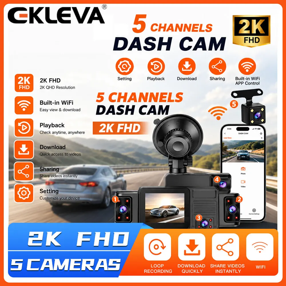 EKLEVA 5 Channel Dash Cam 2K WiFi Car DVR 24H Parking Monitor WDR Night Vision Loop Recording Camera