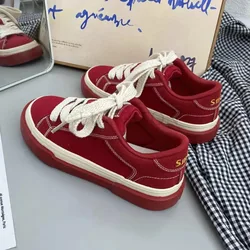 Women Vintage Red Low-top Jogging Canvas Sneakers Casual Letter Embroidery Vulcanized Skateboard Shoes Students Flat Trainers