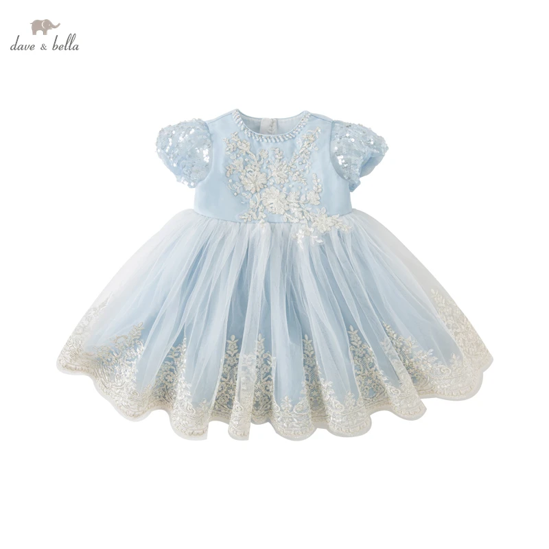 Dave Bella Pearl Embroidery Blue Gauze Back Bow Children\'s Dress  Princess Dress Party Dress DB2233966