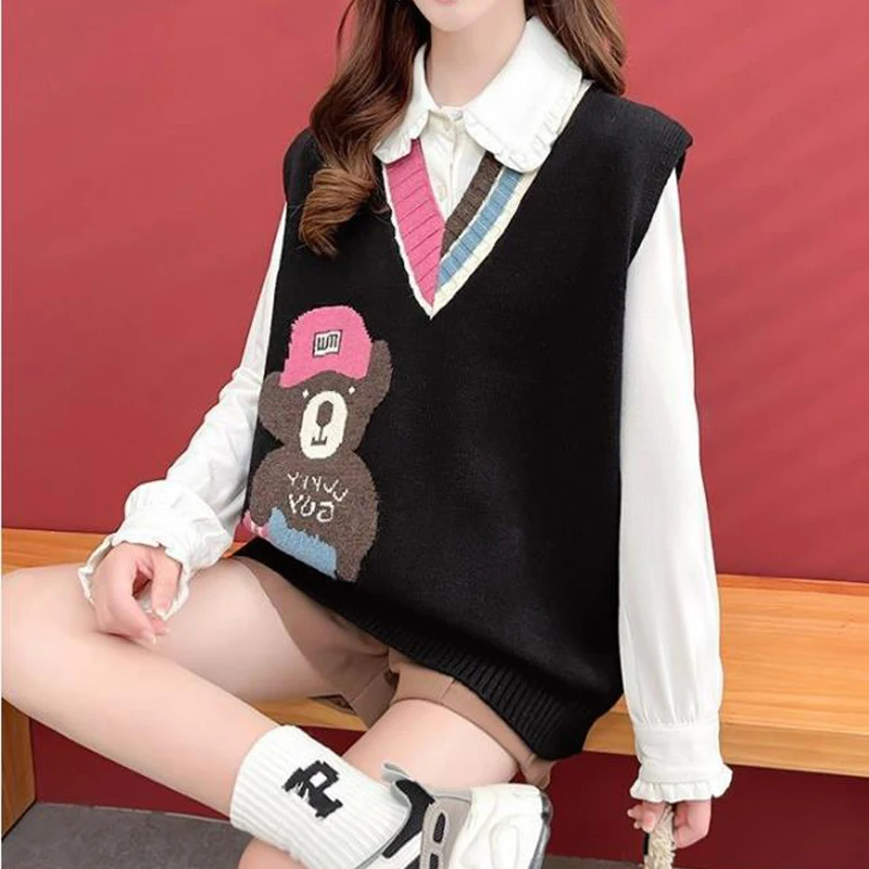 Women College Style Sweet Kawaii Cartoon Streetwear Sleeveless Knitted Sweater Vest Trendy Y2K V Neck Loose Outerwear Waistcoat