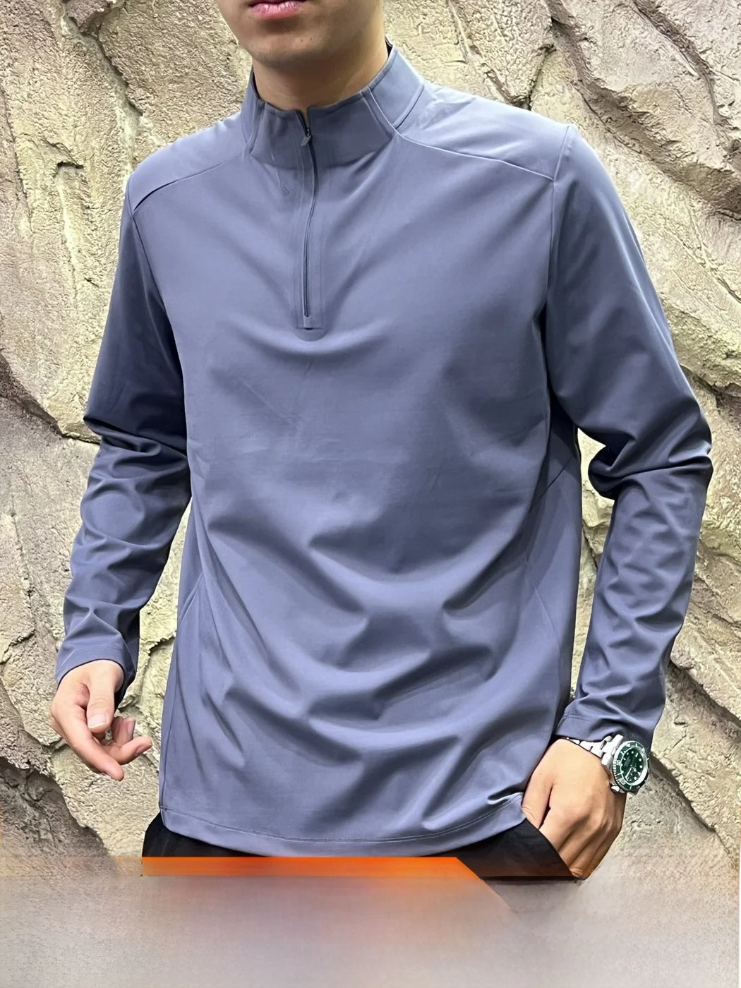 Seamless Zipper Processed Fleece Base Shirt Men's Autumn Winter Half Zip Casual Style Standard Fit Long Sleeve T-Shirt