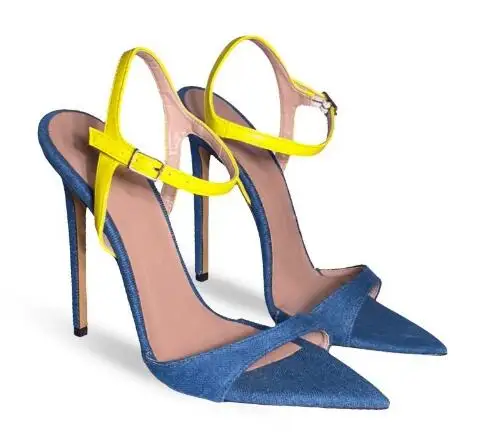 

Bright Yellow Hot Pink Red Leather Denim High Heels Pointed Toe Stiletto Buckle Strap Evening Shoes Women HIgh Heel Sandals