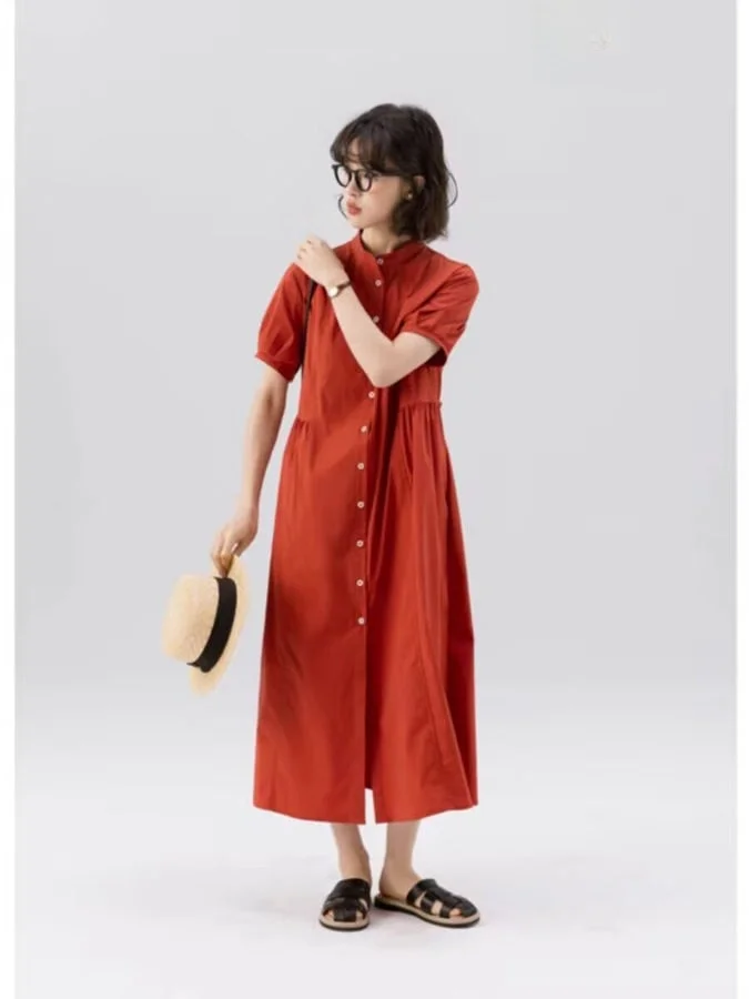 Ele Summer irt Dr Casual Loose Comfortable Artistic Vintage Sle ort Sve Mid-Length Single-Breasted Dr