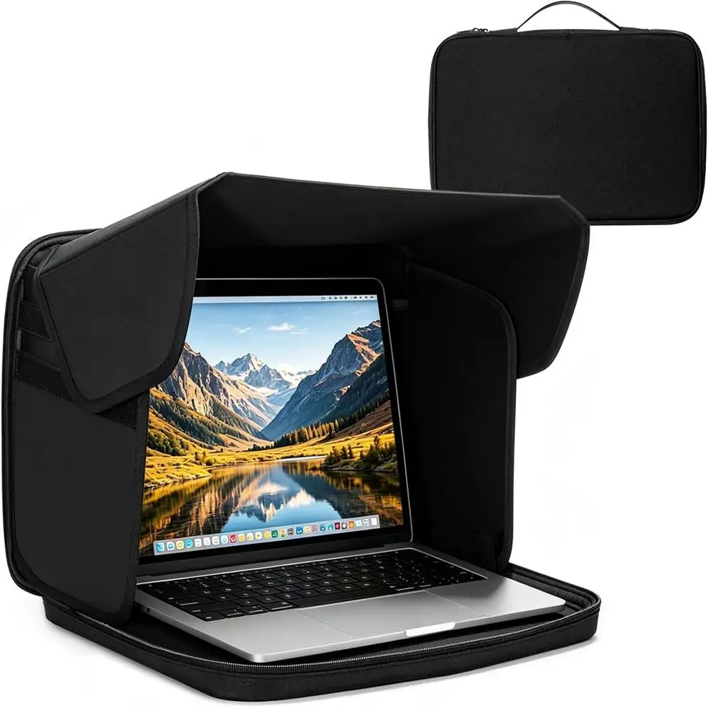 Pochette d'ordinateur portable 2 en 1 avec pare-soleil, idéale pour travailler en extérieur, réduit les reflets de la lumière du soleil, légère, pliable et facile à transporter.
