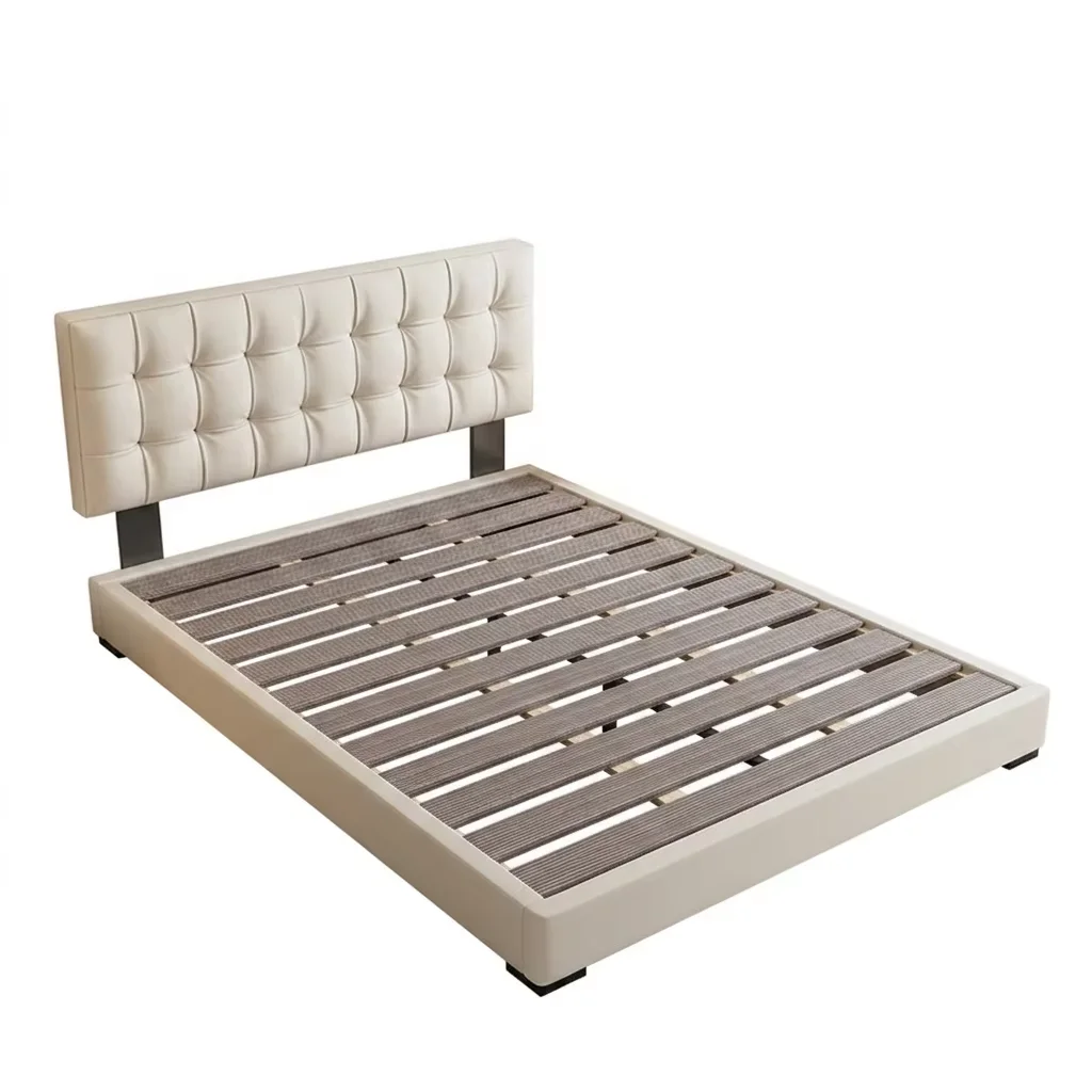 ^Modern Biscuit Tufted Upholstered Bed with Slim Space-Saving Headboard - Italian Cream Leather Queen Bed Frame Factory
