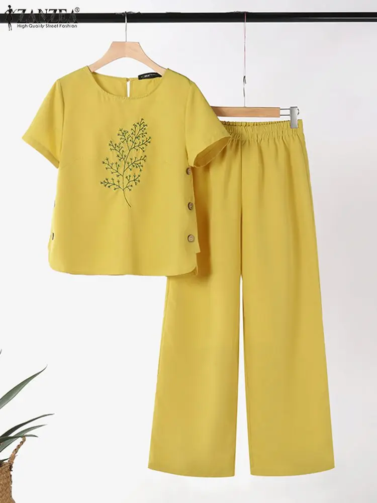 Summer Women Pant Sets Fashion Suit Elegant Floral Embroidery Blouse Wide Leg Trousers Suit 2024 ZANZEA Casual OL Work Tracksuit