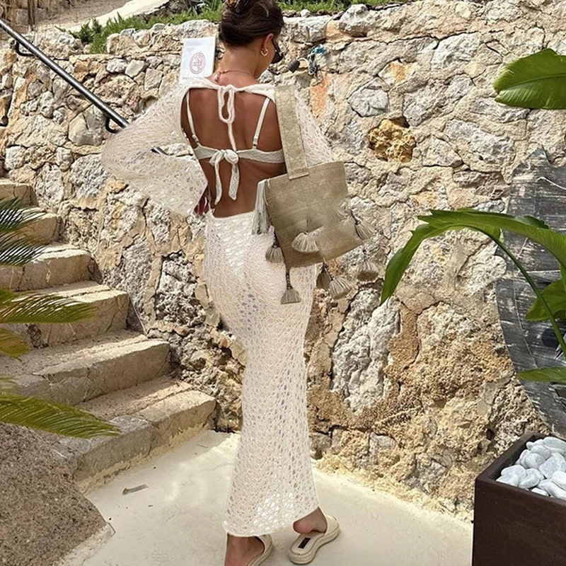 Women\'s Sexy Swimwear Cover Up Beach Crochet Covers Bikini Coverups Vacation Outfits with Mesh Sheer Maxi Dress For Beach Mujer