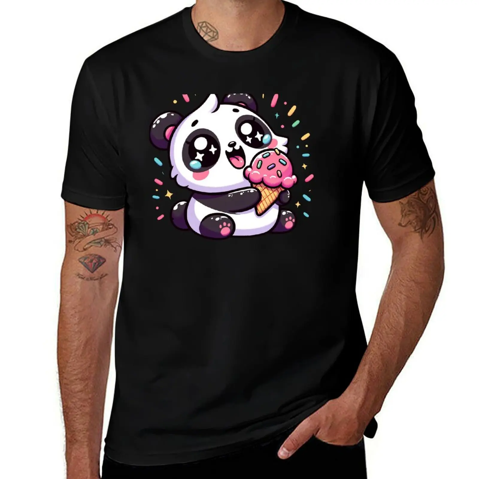 Chilly Bamboo: Kawaii Panda's Sweet Ice Cream Indulgence T-Shirt Sports Casual Short Sleeve Cotton Tee T-Shirt