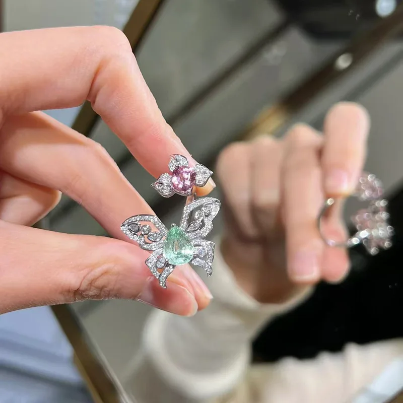 Romantic fresh purple mint green water droplet gemstone ring hollow out inlay diamonds butterfly rings for women wedding jewelry