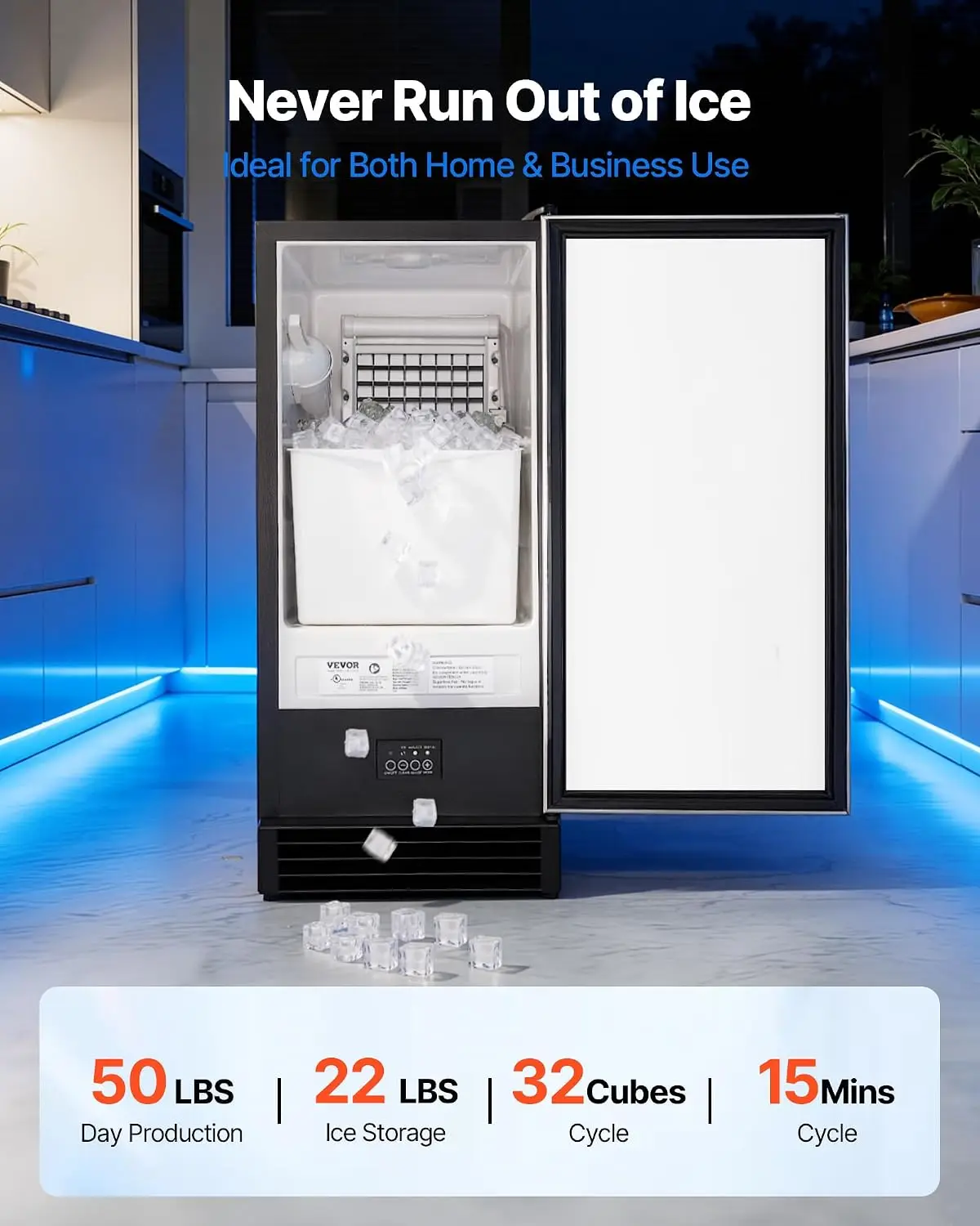 Undercounter Built-in Ice Maker, 50 Lbs/Day Under Counter Ice Maker Machine with Drain Pump, Reversible Door, Stainless Steel Fr