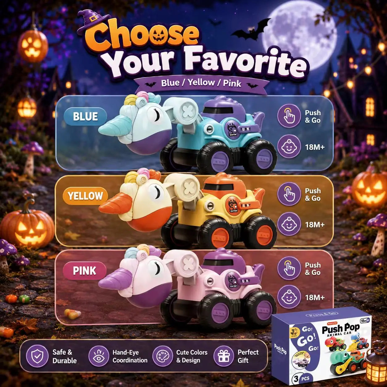 3Pcs Unicorn Dinosaur Inertia Toy Cars Set Battery-Free Press Type Durable Indoor Outdoor Play Perfect Holiday Gift for Kids