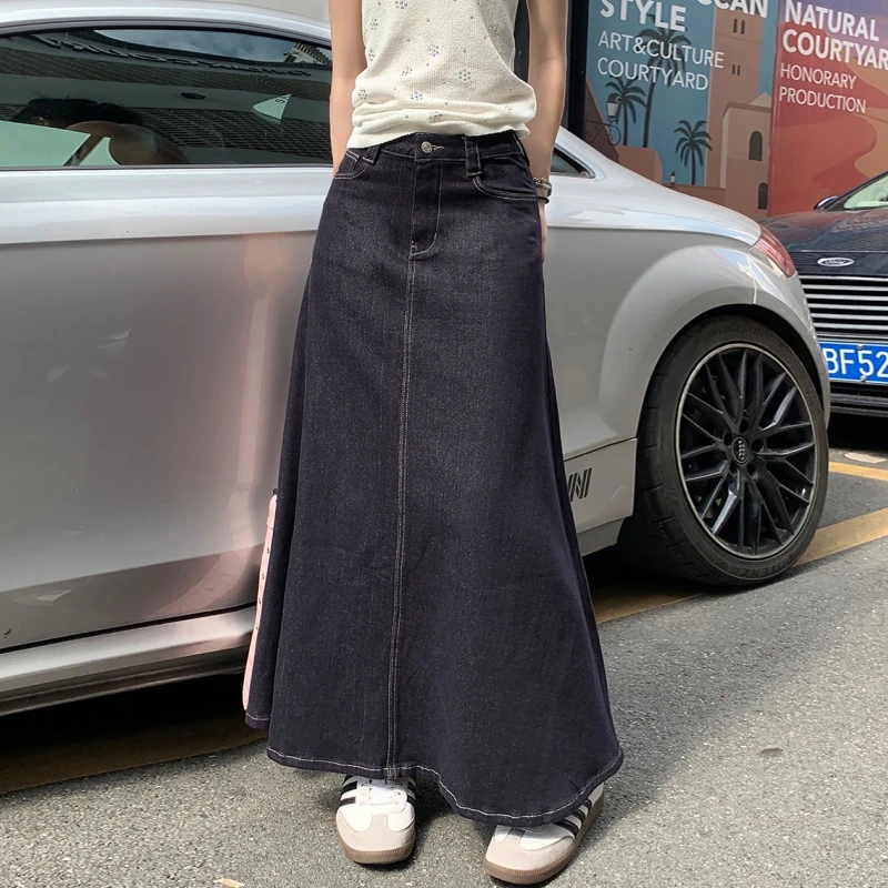 Classic High Waist Denim Skirt for Women, A-Line Design, Perfect Fit, Non-Fading Dark Blue