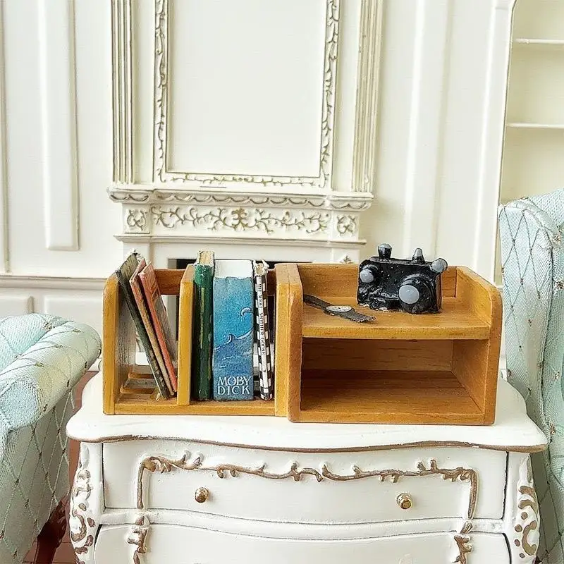 1/12 Dollhouse Mini Wood Newspaper Rack Camera Watch Storage Rack Doll House Study Room Furniture Decor Toy