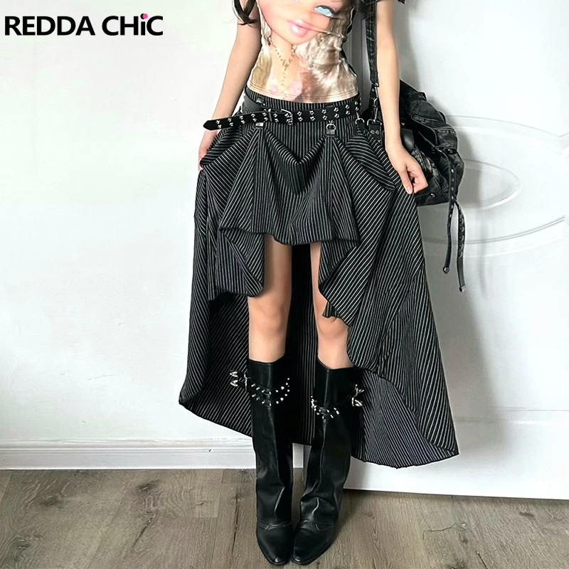 ReddaChic Renaissance Victorian Women Pirate Skirt Steampunk Grunge Stripe Low Waist 3 Way Hi-Lo Bustle Skirt Goth Retro Clothes