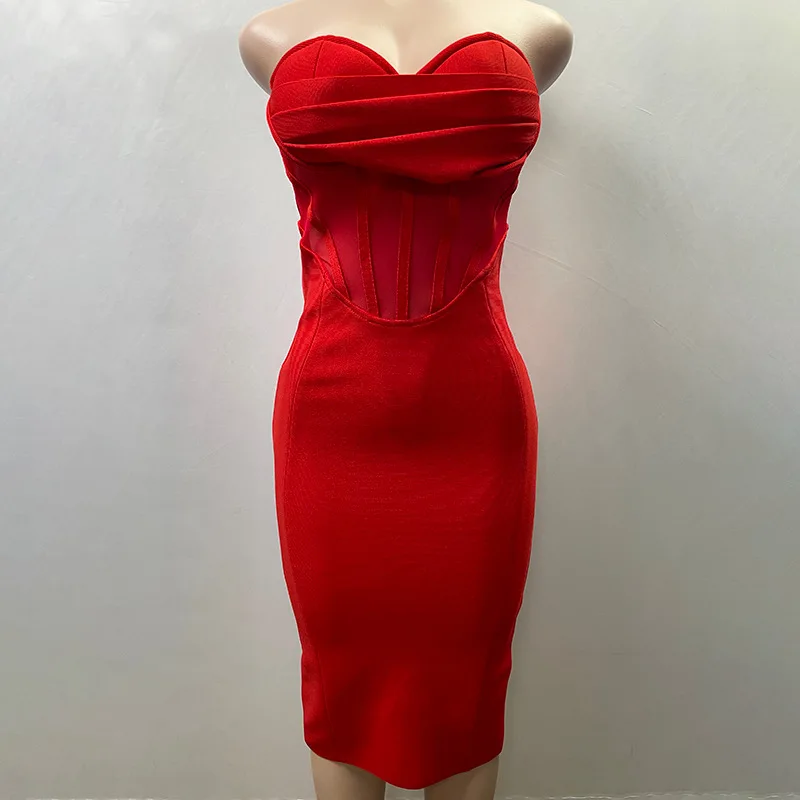 European and American Cross-Border Bandage New Women's Sexy Tube Top Pleated Chest Cup Perspective Fishbone Tight Bandage Dress