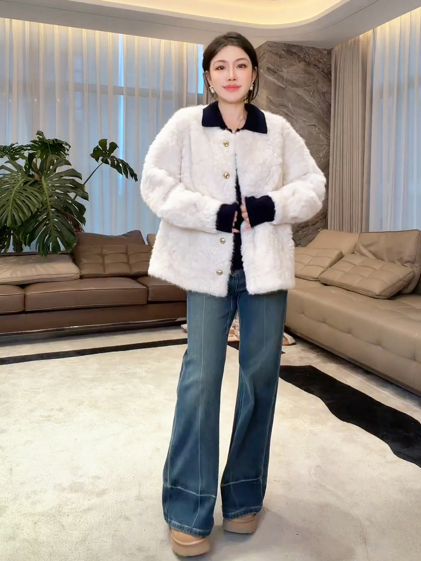 

Warm Faionable White Fur Jaet Eco-friendly Long Sve Polyester Fiber Mehomeyang Women's Coat Sli Versatile Hairl