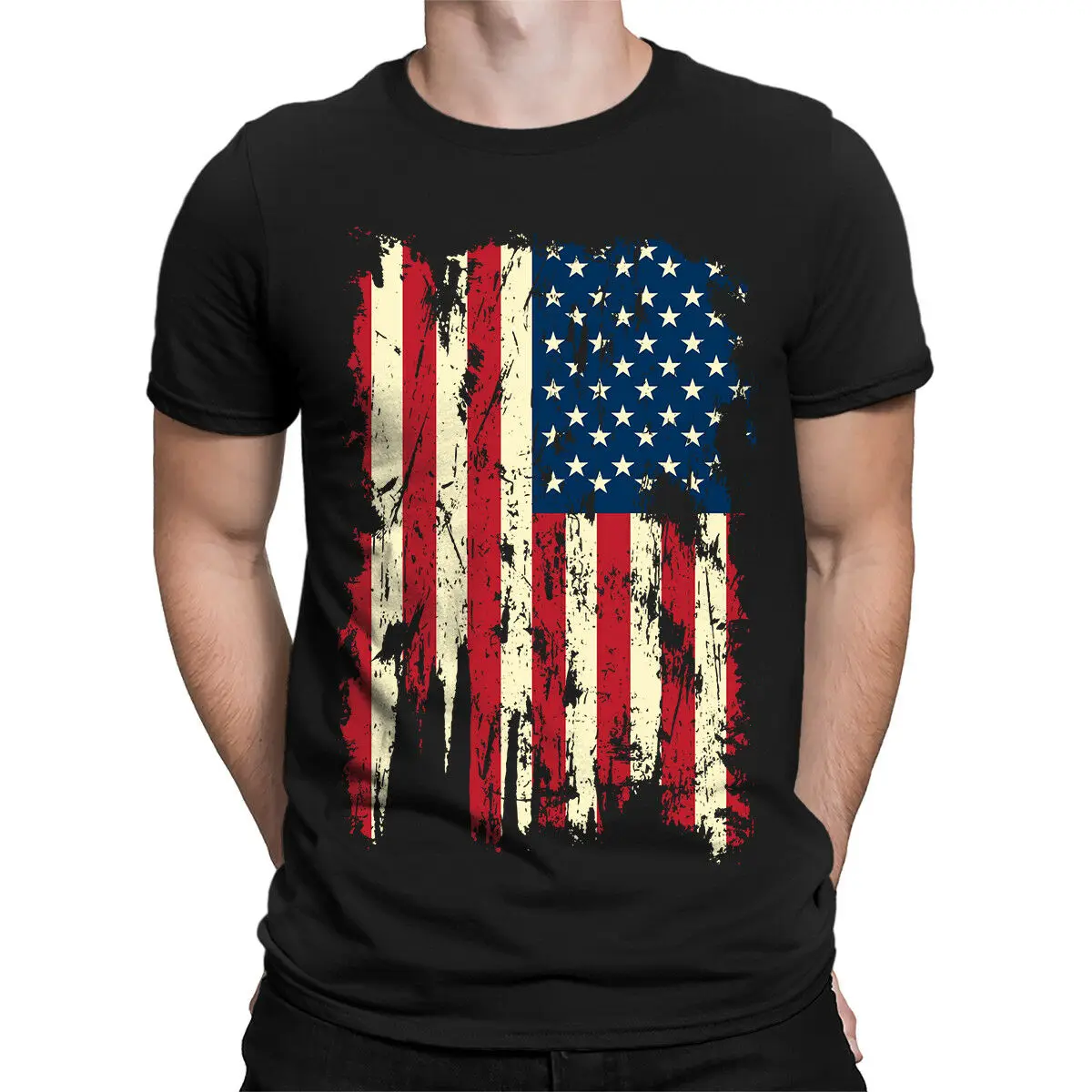 

Colored USA Distressed Flag Patriotism 4th Of July Firework Adult Men's T-Shirt