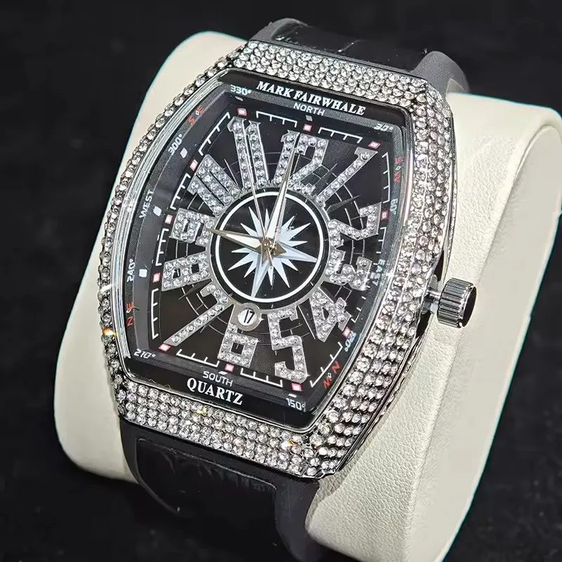 

Mark Fairwhale 5027, брендовые кожаные мужские часы со льдом, часы для отдыха в стиле ретро с бриллиантами, водонепроницаемые кварцевые наручные часы Tonneau, мужские часы