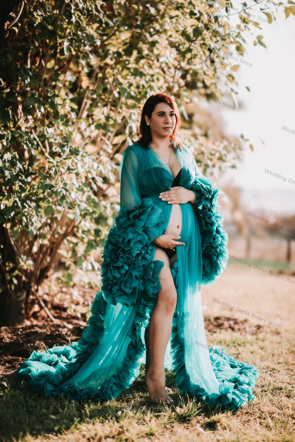 

Blue Wedding Maternity Dress For Photography V Neck Full Sleeves Sexy Sheer Long Night Robe Party Prom Gowns Custom Made