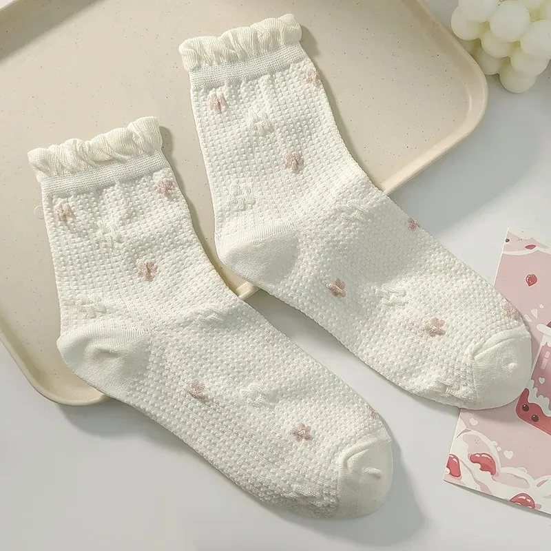 Simple White Socks Versatile Lovely Bowknot Small Flowers Women's Medium Tube Socks kawaii Harajuku jk Lolita Girls Cotton image 3