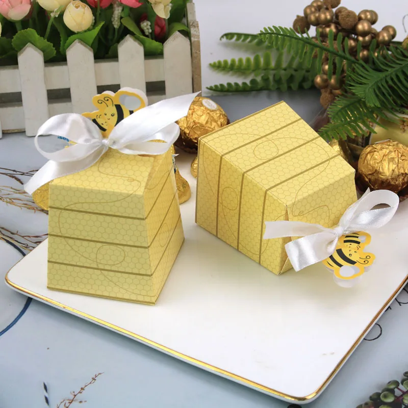 1000 pcs European Yellow Bee Style Baby Shower Birthday Party Wedding Favors Candy Boxes Gift Box with White Ribbons