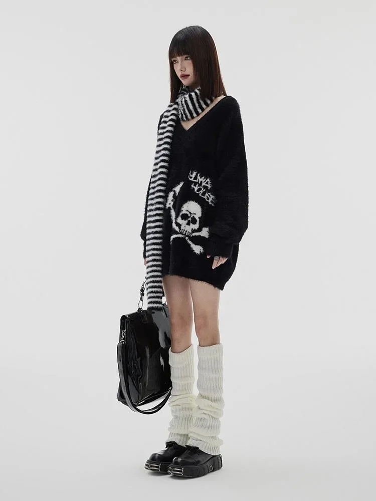 Harajuku Waterproof Mink Sweaters Coats Autumnn New V-neck Tops Women Y2k E-Girl Punk Skull Mid-length Knitted Pullover