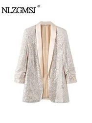 TRAF 2024 Women Coat Shiny Sequin Long Sleeve Cardigan Open Stitch Long Sleeve Club Spring Autumn Blazer Jacket