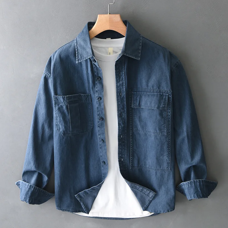 100% cotton American vintage washed overalls shirt men's spring slub loose shirt outdoor casual coat