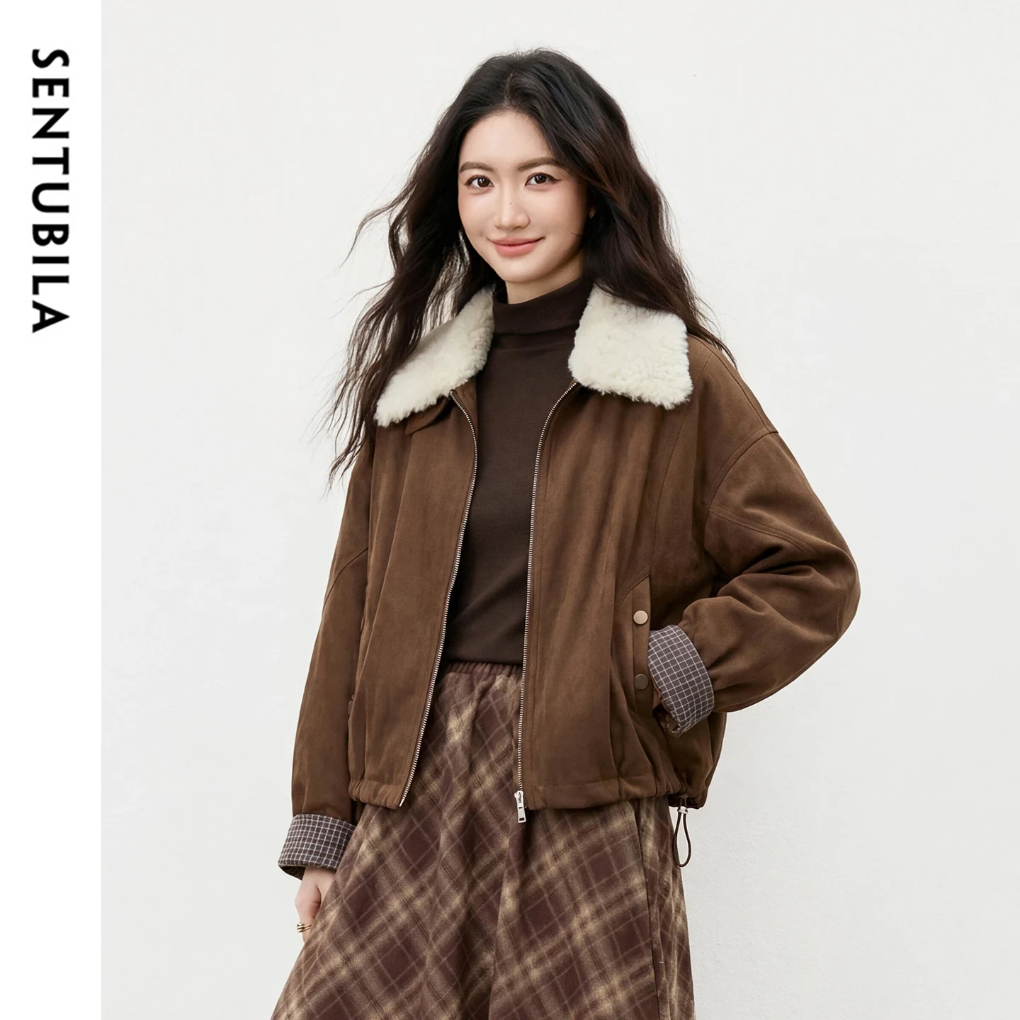 SENTUBILA Women's Brown Parkas 2026 Plush Lapel Neck Patchwork Plaid Short Quilted Coat Winter Retro Female Outerwears W64MD6621