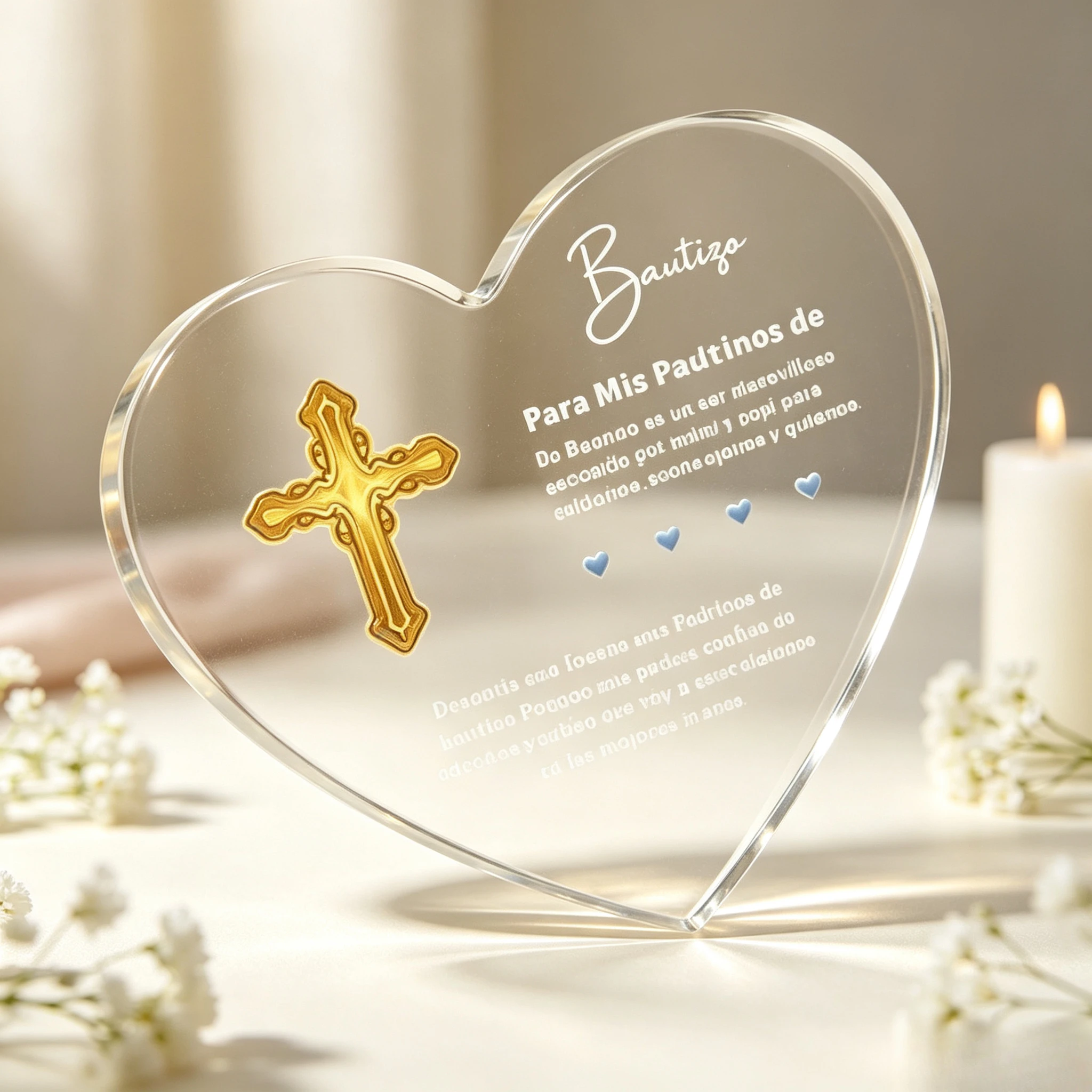 Heart Acrylic Plaque Bautizo Para Mis Padrinos Golden Cross Spanish Baptism Gift Desk Decor