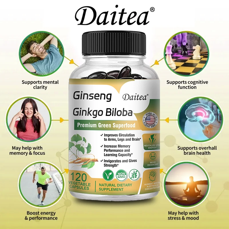 Ginseng + Ginkgo Biloba Capsules - Premium Non-GMO/Vegan Superfood - Traditional Energy Booster and Mood Soother