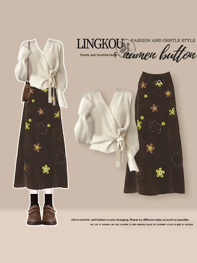 Fall Season Light Maturity Style Women's Short Knitted Sweater And Vintage Denim  Skirt Two-Piece Set Slimming Effect
