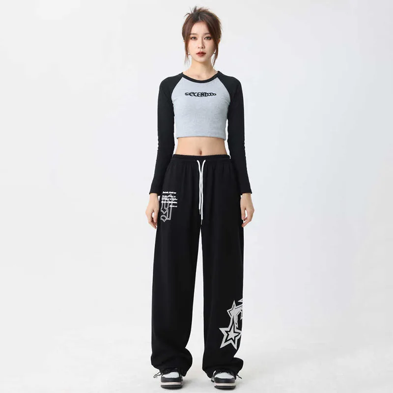 Hip hop streetwear jogging oversize sweatpants feminino novo cordão elástico da cintura estrelas perna larga baggy calças esportivas casuais