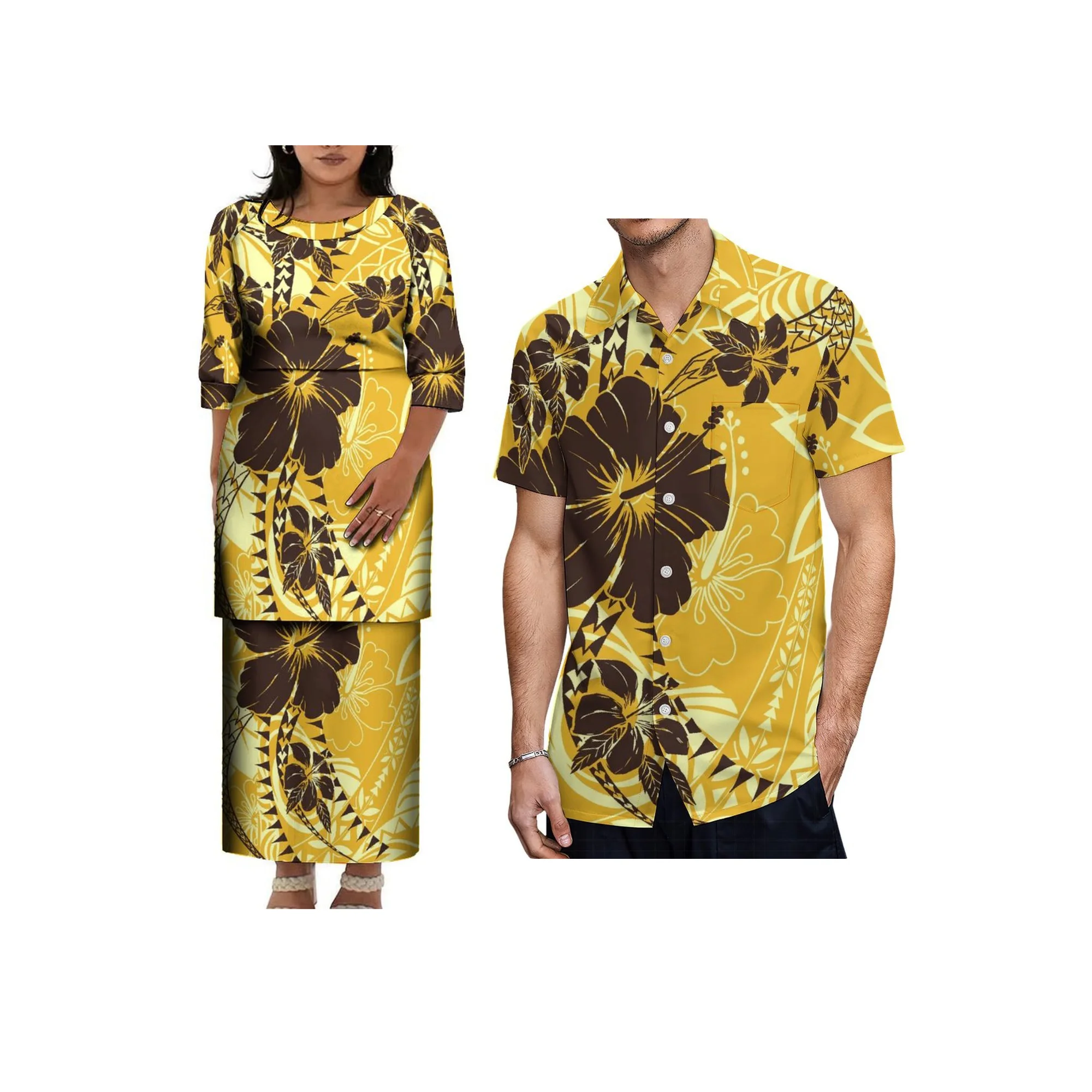 Print on Demand Custom Polyensian Design Dress Samoan Puletasi Half Sleeve O-Neck Dresses Big Size Lady Casual Dress 2 Piece Set