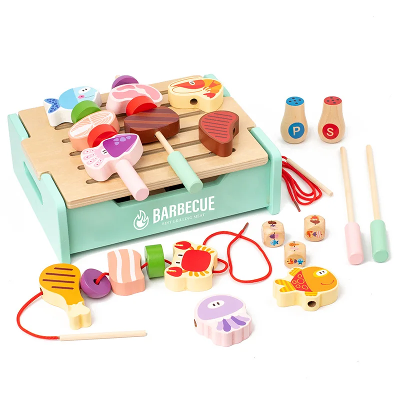 Holzspiel-Grill-Spielset für Kinder mit Spiel- und Grillutensilien, Spielküchenzubehör für Kleinkinder, Jungen und Mädchen