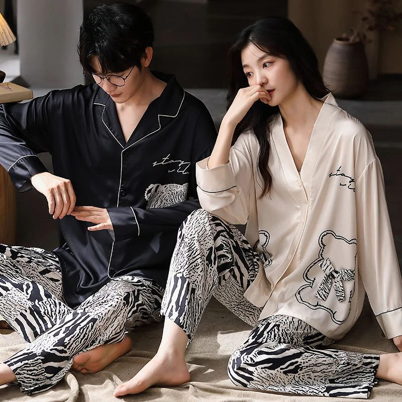 

Couples Pajamas Women Spring Autumn Nightgown Ice Silk Soft Thin New Summer Sleepwear Suit Long Sleeve Men Women Homewear Set