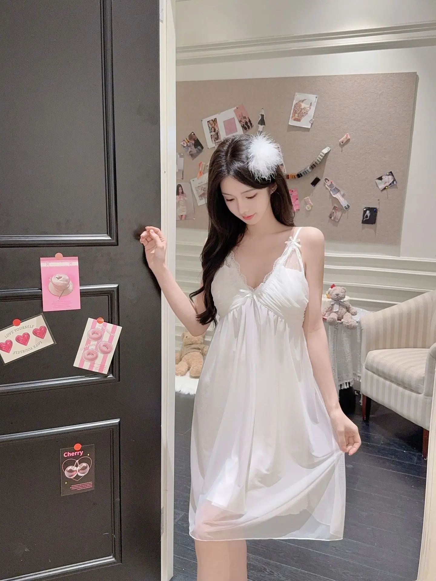 Women's Summer Pure and Seductive Fairy Icy Silk Suspender Nightgown with Lace and Bra Pads Sexy Breathable Thin Homewear m-xl