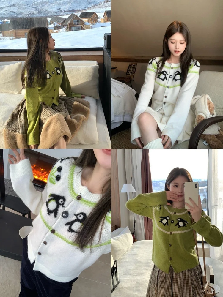 

Вязаный кардиган Fun Cisas с круглым вырезом и длинными рукавами, женская одежда, пуговицы в виде вращающихся пингвинов, зимняя мода