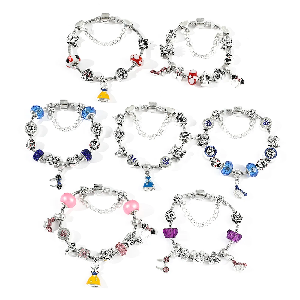 Disney Lovely Mickey Castle DIY Bracelet Women's Bracelets Pandora Colorful Enamel Princess Dress Pendant Jewelry Accessories