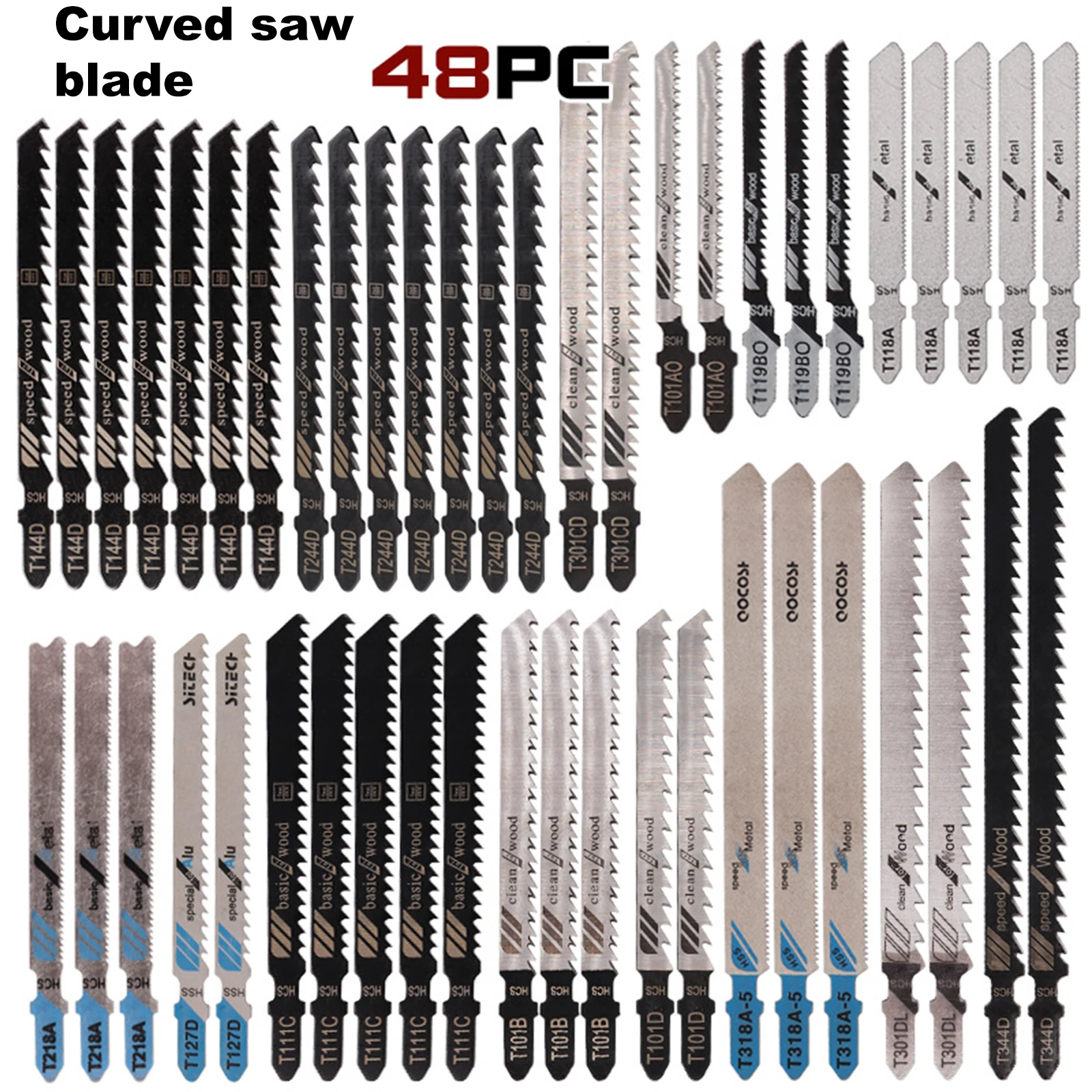 

Jigsaw Blades Set 48Pcs HCS Jigsaw Blades T-Shank Jigsaw Blades Wood Fine Cut Jig Saw Blades for Wood, Plastic, Metal Cutting