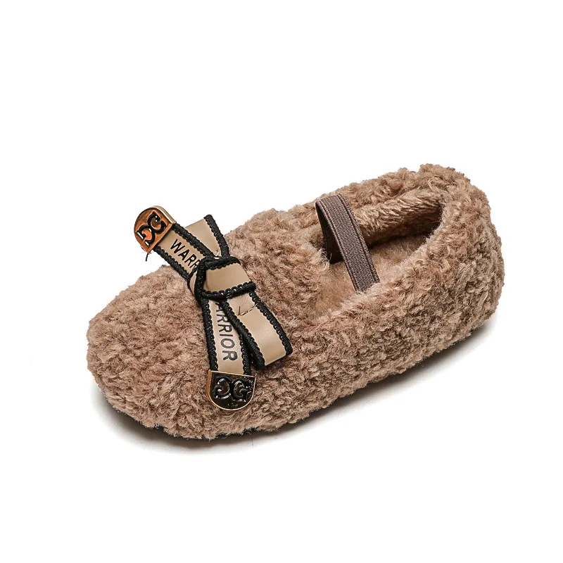 حذاء بدون كعب دافئ بمقدمة مستديرة للأطفال ، حذاء مسطح من الصوفي الترفيهي للأطفال ، 3 ألوان ، حذاء عصري للفتيات ، ربطة عنق ، شتوي
