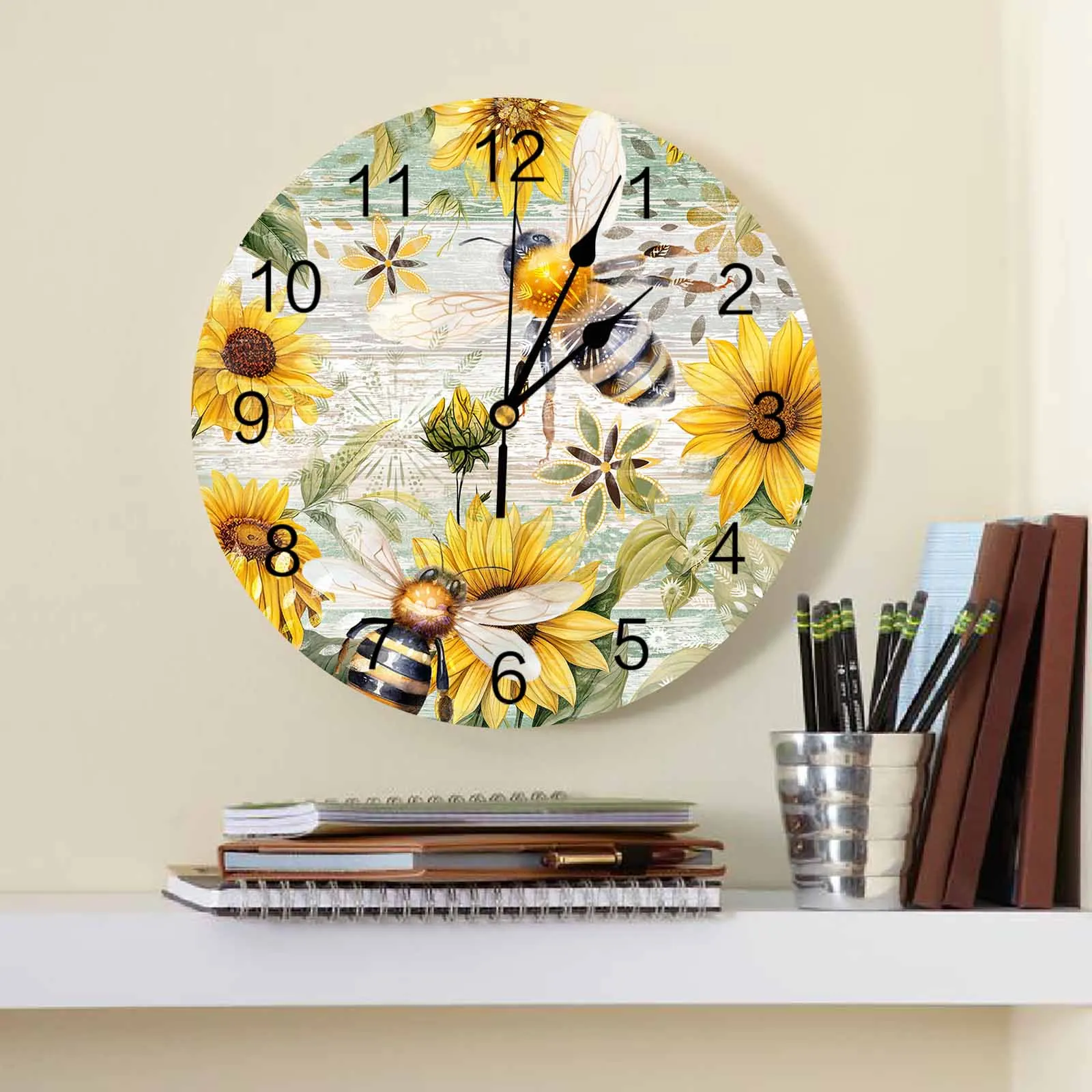 Retro Wood Grain Sunflower Bee PVC Wall Clock Bedroom Decoration Wall Clock Modern Design Home Decore Wall Digital Clock