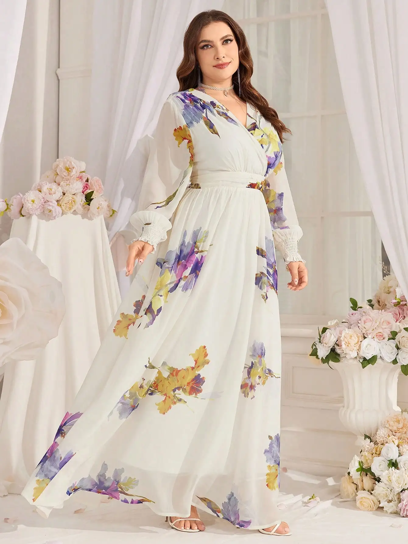 TOLEEN-Women Floral Print Pleat Evening Party Dress, Plus Size, V-Neck, Casual, Elegant, Holiday, Long Dresses, New, Summer 2024