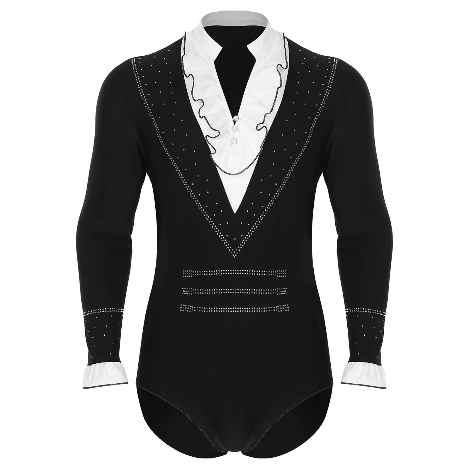 

Mens Figure Skating Ballet Gymnastic Leotards Dance Jumpsuit Performance Competition Wear Long Sleeve Ruffled Collar Bodysuits