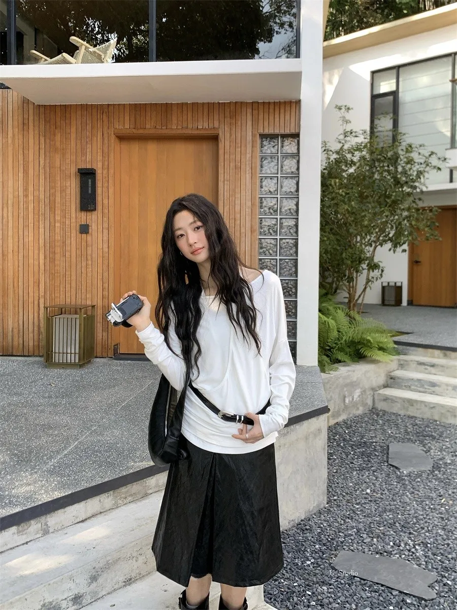 

Асимметричный женский трикотажный топ на весну, новый, универсальный, длинный рукав, круглый вырез, классический дизайн в полоску