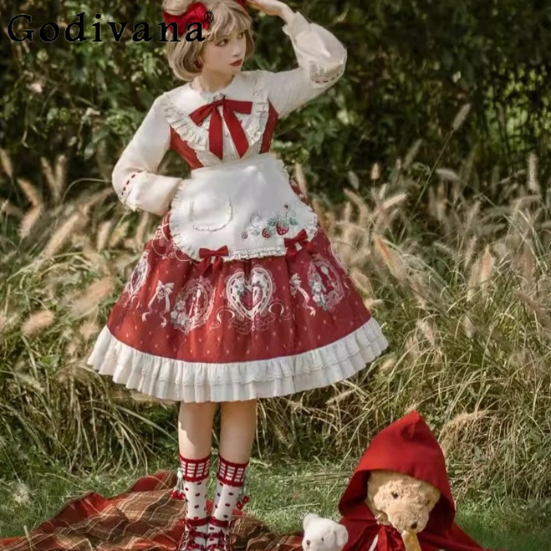 

Christmas Party Sweet Lolita Red Dress Hooded Cloak Set Autumn Winter New Cute Girl Sweet Bow Strawberry Print Birthday Dress