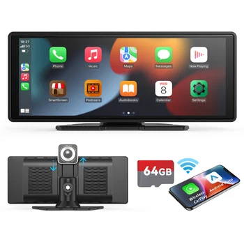 10 Inches Portable Wireless Carplayer with 1080p Dash Cam, Wireless Android Auto Car Play Screen for Car