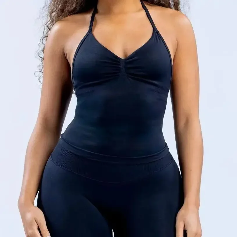 Ensemble de Sport 2 pièces pour femmes, débardeur dos nu, taille haute, froissé, short sans couture, costume de Sport, vêtements de Sport, ensemble d'entraînement