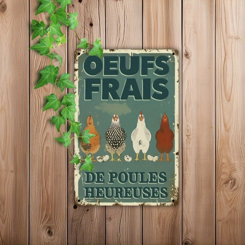 Vintage French Farmhouse Chicken Metal Sign Rustic Teal Green & Brown Vintage Farm Decor "Oeufs Frais" (Fresh Eggs) - Easy Hang view 5