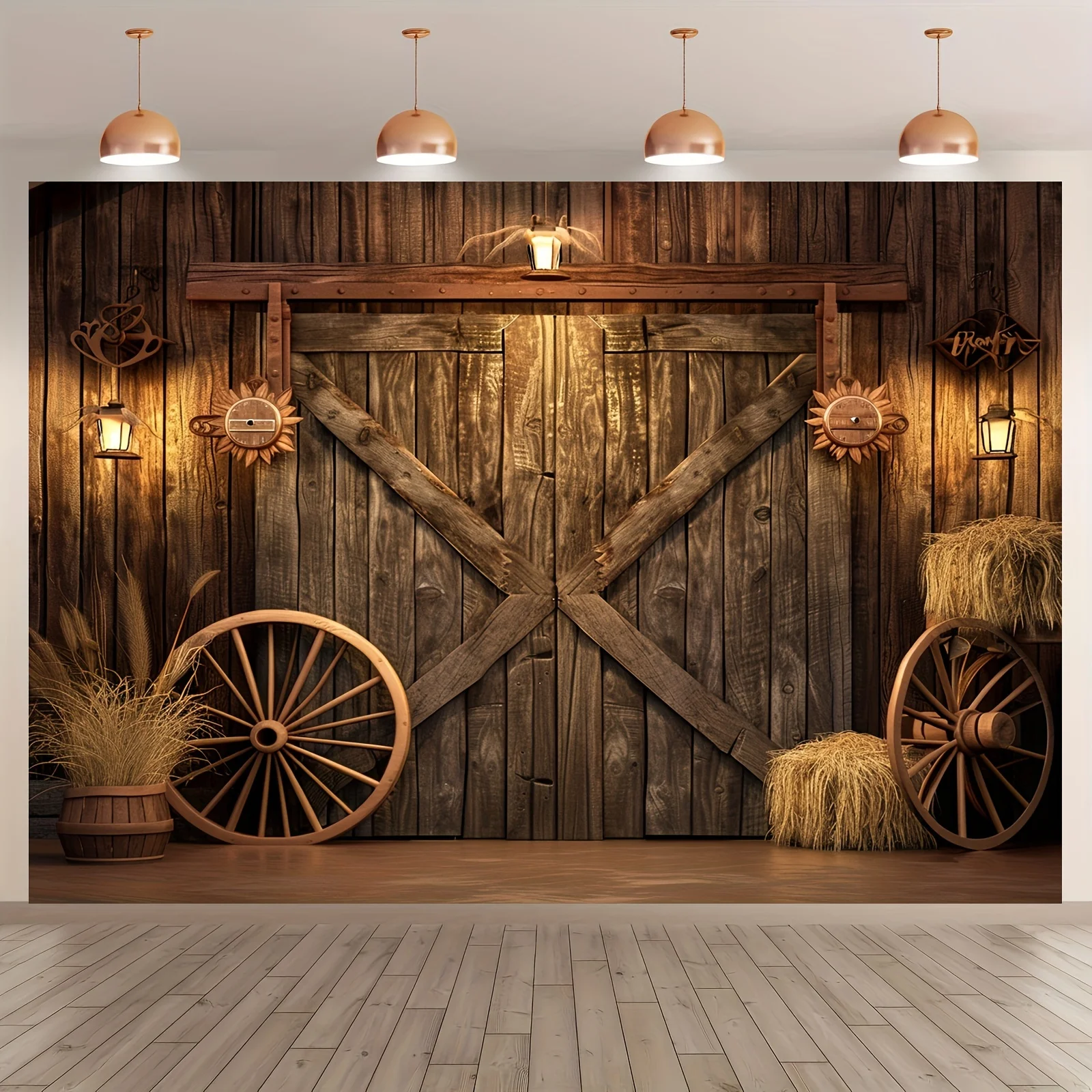 Western Cowboy-themed polyester background - vintage barn door and log cabin designs, party, and birthday decorations